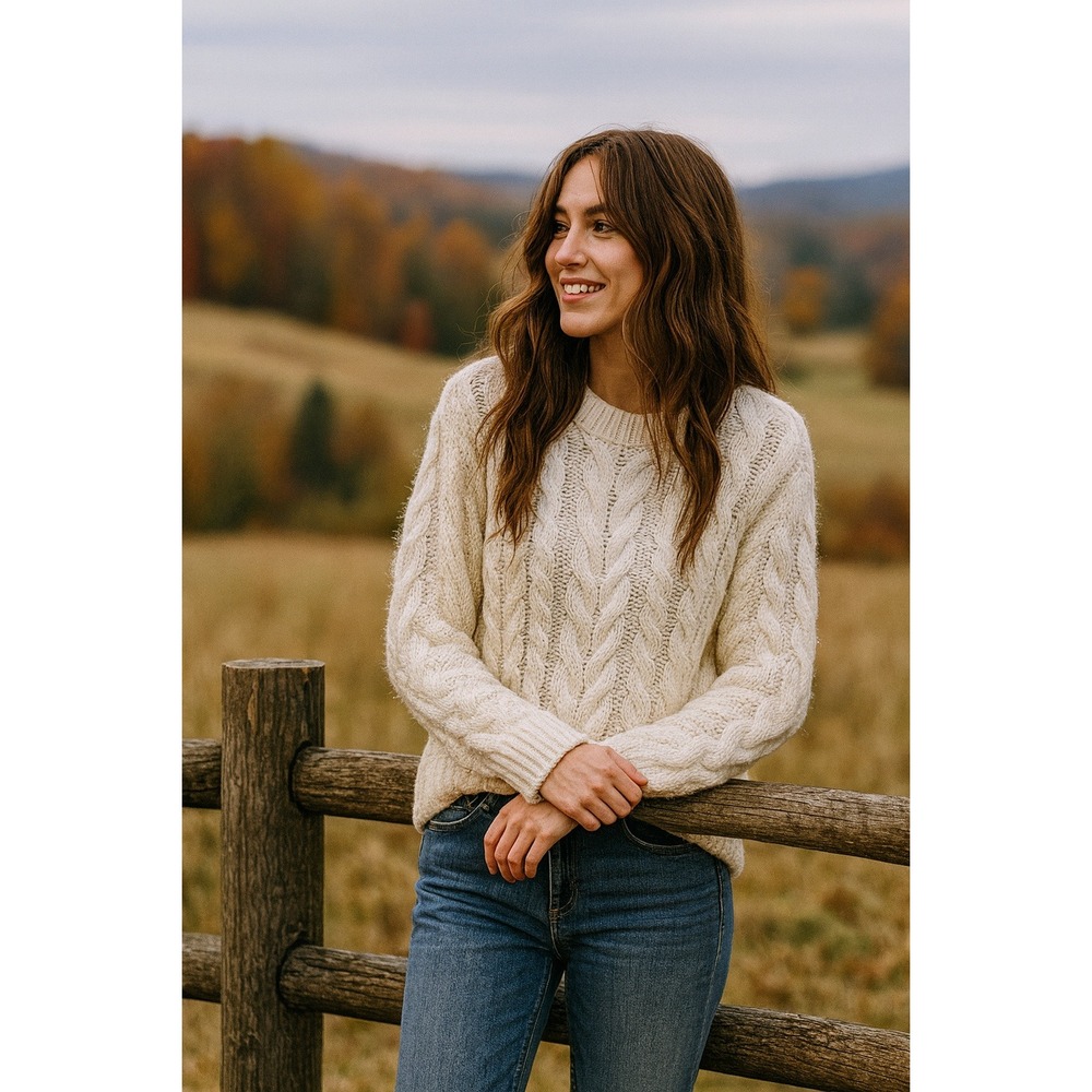 Chunky Fisherman Boho Cottage Farm Warm Cozy Ivory Cream Cable Knit L Sweater